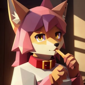 solo, young, kemono fox, yellow body and countershading, anthropomorph, pink hair, pink tail, small breats, yellow eyes, wear medieval dress, is eating, low poly food, have slave collar, have piercings, background, shadow, sunlight, reflected light on the body, backlighting,masterpiece, shaded, high detail, low poly res, low poly style