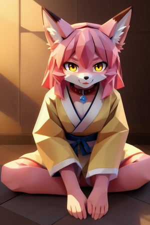 solo, young, kemono fox, yellow body and countershading, anthropomorph, pink hair, pink tail, fox paws, small breats, yellow eyes, have japanese yukata, visible fangs, have slave collar, have piercings, looking at the viewer, background, shadow, forge light, reflected light on the body, backlighting,masterpiece, shaded, high detail, low poly res, low poly style