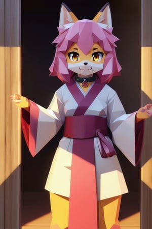 solo, young, kemono fox, yellow body and countershading, anthropomorph, pink hair, pink tail, fox paws, small breats, yellow eyes, have japanese yukata, visible fangs, have slave collar, have piercings, looking at the viewer, background, shadow, forge light, reflected light on the body, backlighting,masterpiece, shaded, high detail, low poly res, low poly style