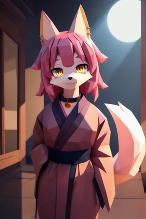 solo, young, kemono fox, yellow body and countershading, anthropomorph, pink hair, pink tail, small breats, yellow eyes, have japanese yukata, visible fangs, have slave collar, have piercings, looking at the viewer, background, shadow, forge light, reflected light on the body, backlighting,masterpiece, shaded, high detail, low poly res, low poly style