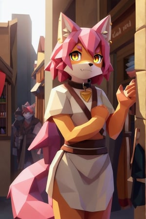 solo, young, kemono fox, yellow body and countershading, anthropomorph, pink hair, pink tail, yellow eyes,small breasts, fully dressed with blacksmith cloth, visible fangs, have slave collar, have piercings, looking at viewer, tend a store, background, shadow, forge light, reflected light on the body, backlighting,masterpiece, shaded, high detail, low poly res, low poly style