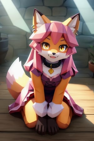 solo, young, kemono fox, yellow body and countershading, anthropomorph, pink hair, pink tail, visible fox paws, small breats, yellow eyes, wear medieval dress cloth, visible fangs, have slave collar, have piercings, looking at the viewer, background, shadow, forge light, reflected light on the body, backlighting,masterpiece, shaded, high detail, low poly res, low poly style