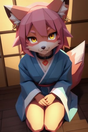 solo, young, kemono fox, yellow body and countershading, anthropomorph, pink hair, pink tail, fox paws, small breats, yellow eyes, have japanese yukata, visible fangs, have slave collar, have piercings, looking at the viewer, background, shadow, forge light, reflected light on the body, backlighting,masterpiece, shaded, high detail, low poly res, low poly style