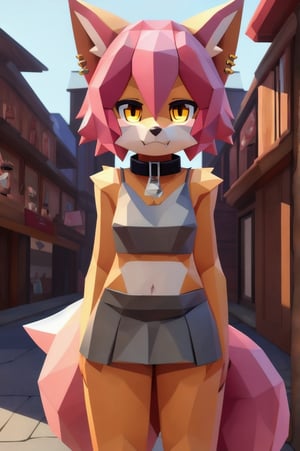 solo, young, kemono fox, yellow body and countershading, anthropomorph, pink hair, pink tail, yellow eyes,small breasts, fully dressed with blacksmith cloth, visible fangs, have slave collar, have piercings, looking at viewer, tend a store, background, shadow, forge light, reflected light on the body, backlighting,masterpiece, shaded, high detail, low poly res, low poly style