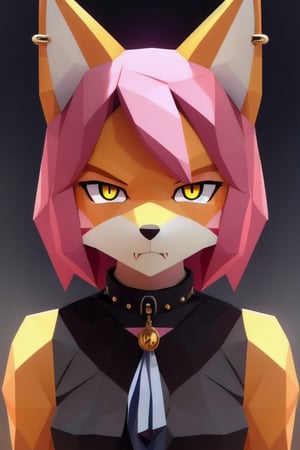 solo, young, kemono fox, yellow body and countershading, anthropomorph, pink hair, pink tail, small breats, yellow eyes, wear medieval dress, have slave collar, is angry, angry expression, visible fangs, have piercings, background, shadow, sunlight, reflected light on the body, looking at the viewer, backlighting,masterpiece, shaded, high detail, low poly res, low poly style