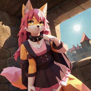 solo, young, kemono fox, yellow body and countershading, anthropomorph, pink hair, pink tail, visible fox paws, small breats, yellow eyes, wear medieval dress cloth, visible fangs, have slave collar, have piercings, looking at the viewer, background, shadow, forge light, reflected light on the body, backlighting,masterpiece, shaded, high detail, low poly res, low poly style