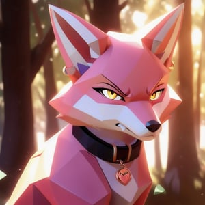 low polygon fox, pink fur and countershading, pink hair, pink tail, yellow eyes, visible fox paws, have collar, is angry, visible fangs, have piercings, background, shadow, sunlight, reflected light on the fur, looking at the viewer, backlighting,masterpiece, shaded, high detail, low poly res, low poly style,Spirit Fox Pendant