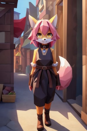 solo, young, kemono fox, yellow body and countershading, anthropomorph, pink hair, pink tail, yellow eyes,small breasts, fully dressed with blacksmith cloth, visible fangs, have slave collar, have piercings, looking at viewer, tend a store, background, shadow, forge light, reflected light on the body, backlighting,masterpiece, shaded, high detail, low poly res, low poly style