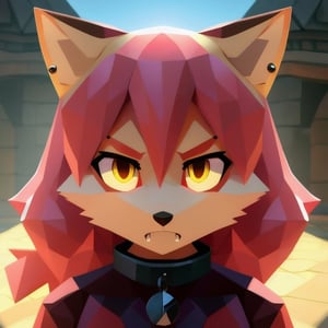 solo, young, kemono fox, yellow body and countershading, anthropomorph, pink hair, pink tail, small breats, yellow eyes, visible fox paws, wear medieval dress, have slave collar, is angry, angry expression, visible fangs, have piercings, background, shadow, sunlight, reflected light on the body, looking at the viewer, backlighting,masterpiece, shaded, high detail, low poly res, low poly style