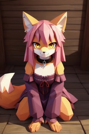 solo, young, kemono fox, yellow body and countershading, anthropomorph, pink hair, pink tail, visible fox paws, small breats, yellow eyes, wear medieval dress cloth, visible fangs, have slave collar, have piercings, looking at the viewer, background, shadow, forge light, reflected light on the body, backlighting,masterpiece, shaded, high detail, low poly res, low poly style