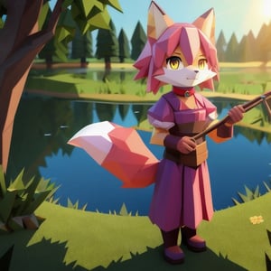 solo, young, kemono fox, yellow body and countershading, anthropomorph, pink hair, pink tail, small breats, yellow eyes, wear medieval dress, is fishing near a lake, have slave collar, have piercings, background, shadow, sunlight, reflected light on the body, backlighting,masterpiece, shaded, high detail, low poly res, low poly style