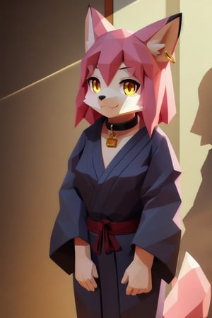 solo, young, kemono fox, yellow body and countershading, anthropomorph, pink hair, pink tail, small breats, yellow eyes, have japanese yukata, visible fangs, have slave collar, have piercings, looking at the viewer, background, shadow, forge light, reflected light on the body, backlighting,masterpiece, shaded, high detail, low poly res, low poly style