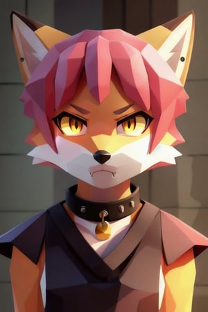 solo, young, kemono fox, yellow body and countershading, anthropomorph, pink hair, pink tail, small breats, yellow eyes, wear medieval dress, have slave collar, is angry, angry expression, visible fangs, have piercings, background, shadow, sunlight, reflected light on the body, looking at the viewer, backlighting,masterpiece, shaded, high detail, low poly res, low poly style