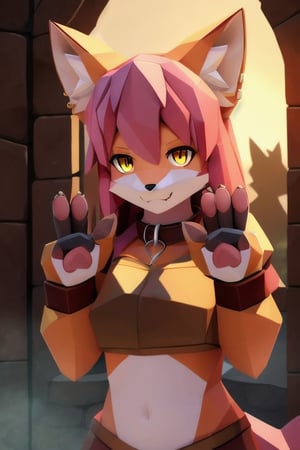 solo, young, kemono fox, yellow body and countershading, anthropomorph, pink hair, pink tail, visible fox paws, small breats, yellow eyes, have viking cloth, visible fangs, have slave collar, have piercings, looking at the viewer, background, shadow, forge light, reflected light on the body, backlighting,masterpiece, shaded, high detail, low poly res, low poly style