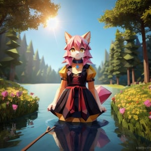 solo, young, kemono fox, yellow body and countershading, anthropomorph, pink hair, pink tail, small breats, yellow eyes, wear medieval dress, is fishing on a lake, have slave collar, have piercings, background, shadow, sunlight, reflected light on the body, backlighting,masterpiece, shaded, high detail, low poly res, low poly style