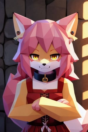 solo, young, kemono fox, yellow body and countershading, anthropomorph, pink hair, pink tail, visible fox paws, small breats, yellow eyes, wear medieval dress cloth, visible fangs, have slave collar, have piercings, looking at the viewer, background, shadow, forge light, reflected light on the body, backlighting,masterpiece, shaded, high detail, low poly res, low poly style