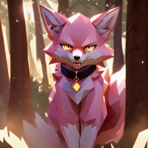 low polygon fox, pink fur and countershading, pink hair, pink tail, yellow eyes, visible fox paws, have collar, is angry, visible fangs, have piercings, background, shadow, sunlight, reflected light on the fur, looking at the viewer, backlighting,masterpiece, shaded, high detail, low poly res, low poly style,Spirit Fox Pendant
