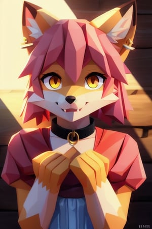 solo, young, kemono fox, yellow body and countershading, anthropomorph, pink hair, pink tail, small breats, yellow eyes, visible fox paws, full body, wear medieval dress, have slave collar, is in love, loving expression, loving pose, visible fangs, have piercings, background, shadow, sunlight, reflected light on the body, looking at the viewer, backlighting,masterpiece, shaded, high detail, low poly res, low poly style