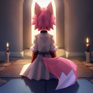 solo, young, kemono fox, yellow body and countershading, anthropomorph, pink hair, pink tail, small breats, yellow eyes, wear medieval dress, have slave collar, visible fow paws, have piercings, back view, background, shadow, candle light, reflected light on the body, backlighting,masterpiece, shaded, high detail, low poly res, low poly style