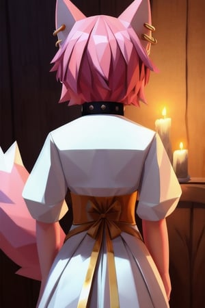 solo, young, kemono fox, yellow body and countershading, anthropomorph, pink hair, pink tail, small breats, yellow eyes, wear medieval dress, have slave collar, have piercings, back view, background, shadow, candle light, reflected light on the body, backlighting,masterpiece, shaded, high detail, low poly res, low poly style