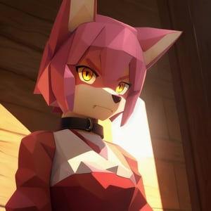 solo, young, kemono fox, yellow body and countershading, anthropomorph, pink hair, pink tail, small breats, yellow eyes, visible fox paws, wear medieval dress, have slave collar, is angry, angry expression, visible fangs, have piercings, background, shadow, sunlight, reflected light on the body, looking at the viewer, backlighting,masterpiece, shaded, high detail, low poly res, low poly style