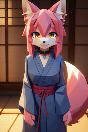 solo, young, kemono fox, yellow body and countershading, anthropomorph, pink hair, pink tail, fox paws, small breats, yellow eyes, have japanese yukata, visible fangs, have slave collar, have piercings, looking at the viewer, background, shadow, forge light, reflected light on the body, backlighting,masterpiece, shaded, high detail, low poly res, low poly style