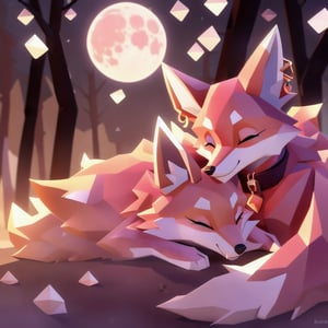 low polygon vixen, pink fur and countershading, pink hair, pink tail, visible fox paws, have collar, is sleeping, visible fangs, have piercings, background, shadow, moon light, reflected light on the fur, backlighting,masterpiece, shaded, high detail, low poly res, low poly style,Spirit Fox Pendant