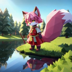 solo, young, kemono fox, yellow body and countershading, anthropomorph, pink hair, pink tail, small breats, yellow eyes, wear medieval dress, is fishing on a lake, have slave collar, have piercings, background, shadow, sunlight, reflected light on the body, backlighting,masterpiece, shaded, high detail, low poly res, low poly style