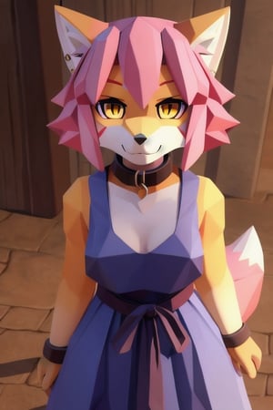 solo, young, kemono fox, yellow body and countershading, anthropomorph, pink hair, pink tail, visible fox paws, small breats, yellow eyes, wear medieval dress cloth, visible fangs, have slave collar, have piercings, looking at the viewer, background, shadow, forge light, reflected light on the body, backlighting,masterpiece, shaded, high detail, low poly res, low poly style