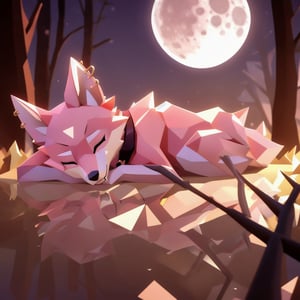low polygon vixen, pink fur and countershading, pink hair, pink tail, visible fox paws, have collar, is sleeping, visible fangs, have piercings, background, shadow, moon light, reflected light on the fur, backlighting,masterpiece, shaded, high detail, low poly res, low poly style,Spirit Fox Pendant