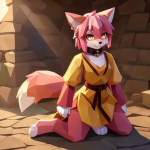 solo, young, kemono fox, yellow body and countershading, anthropomorph, pink hair, pink tail, visible fox paws, small breats, yellow eyes, wear viking dress cloth, visible fangs, have slave collar, have piercings, looking at the viewer, background, shadow, forge light, reflected light on the body, backlighting,masterpiece, shaded, high detail, low poly res, low poly style