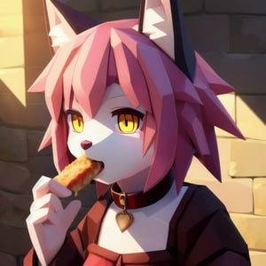 solo, young, kemono fox, yellow body and countershading, anthropomorph, pink hair, pink tail, small breats, yellow eyes, wear medieval dress, is eating, have slave collar, have piercings, background, shadow, sunlight, reflected light on the body, backlighting,masterpiece, shaded, high detail, low poly res, low poly style