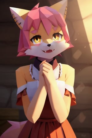 solo, young, kemono fox, yellow body and countershading, anthropomorph, pink hair, pink tail, small breats, yellow eyes, visible fox paws, full body, wear medieval dress, have slave collar, is in love, loving expression, loving pose, visible fangs, have piercings, background, shadow, sunlight, reflected light on the body, looking at the viewer, backlighting,masterpiece, shaded, high detail, low poly res, low poly style