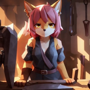 solo, young, kemono fox, yellow body and countershading, anthropomorph, pink hair, yellow eyes,small breasts, dressed with blacksmith clothes, have piercings, looking at viewer,detailed blacksmith background, shadow, forge light, reflected light on the body, backlighting,masterpiece, shaded, high detail, low poly res