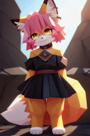 solo, young, kemono fox, yellow body and countershading, anthropomorph, pink hair, pink tail, visible fox paws, small breats, yellow eyes, wear viking dress cloth, visible fangs, have slave collar, have piercings, looking at the viewer, background, shadow, forge light, reflected light on the body, backlighting,masterpiece, shaded, high detail, low poly res, low poly style