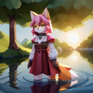 solo, young, kemono fox, yellow body and countershading, anthropomorph, pink hair, pink tail, small breats, yellow eyes, wear medieval dress, is fishing on a lake, have slave collar, have piercings, background, shadow, sunlight, reflected light on the body, backlighting,masterpiece, shaded, high detail, low poly res, low poly style