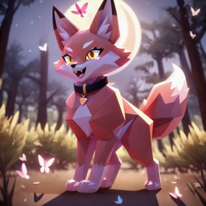 low polygon vixen, pink fur and countershading, pink hair, pink tail, yellow eyes, visible fox paws, have collar, is chasing butterfly , open mouth, visible fangs, have piercings, background, shadow, moon light, reflected light on the fur, backlighting,masterpiece, shaded, high detail, low poly res, low poly style,Spirit Fox Pendant