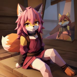 solo, young, kemono fox, yellow body and countershading, anthropomorph, pink hair, pink tail, visible fox paws, small breats, yellow eyes, wear medieval dress cloth, visible fangs, have slave collar, have piercings, looking at the viewer, background, shadow, forge light, reflected light on the body, backlighting,masterpiece, shaded, high detail, low poly res, low poly style