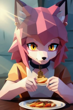 solo, young, kemono fox, yellow body and countershading, anthropomorph, pink hair, pink tail, small breats, yellow eyes, wear medieval dress, is eating, low poly food, have slave collar, have piercings, background, shadow, sunlight, reflected light on the body, backlighting,masterpiece, shaded, high detail, low poly res, low poly style