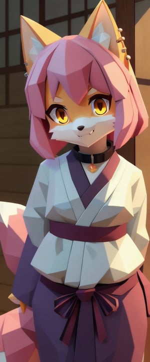 solo, young, kemono fox, yellow body and countershading, anthropomorph, pink hair, pink tail, visible fox paws, small breats, yellow eyes, have japanese yukata, visible fangs, have slave collar, have piercings, looking at the viewer, background, shadow, forge light, reflected light on the body, backlighting,masterpiece, shaded, high detail, low poly res, low poly style