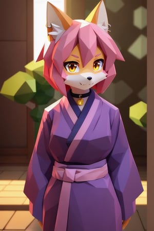 solo, young, kemono fox, yellow body and countershading, anthropomorph, pink hair, pink tail, small breats, yellow eyes, have japanese yukata, visible fangs, have slave collar, have piercings, looking at the viewer, background, shadow, forge light, reflected light on the body, backlighting,masterpiece, shaded, high detail, low poly res, low poly style