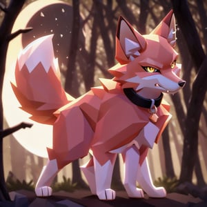 solo low polygon vixen, pink fur and countershading, pink hair, pink tail, yellow eyes, visible fox paws, have collar, is angry, looking at the viewer, visible fangs, have piercings, background, shadow, moon light, reflected light on the fur, backlighting,masterpiece, shaded, high detail, low poly res, low poly style,Spirit Fox Pendant