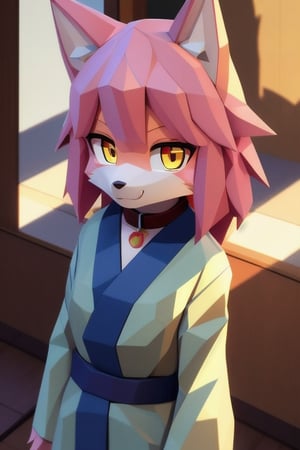 solo, young, kemono fox, yellow body and countershading, anthropomorph, pink hair, pink tail, visible fox paws, small breats, yellow eyes, have japanese yukata, visible fangs, have slave collar, have piercings, looking at the viewer, background, shadow, forge light, reflected light on the body, backlighting,masterpiece, shaded, high detail, low poly res, low poly style