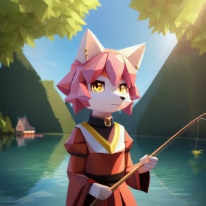 solo, young, kemono fox, yellow body and countershading, anthropomorph, pink hair, pink tail, small breats, yellow eyes, wear medieval dress, is fishing on a lake, have slave collar, have piercings, background, shadow, sunlight, reflected light on the body, backlighting,masterpiece, shaded, high detail, low poly res, low poly style