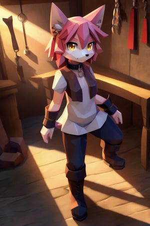 solo, young, kemono fox, yellow body and countershading, anthropomorph, pink hair, yellow eyes,small breasts, dressed with blacksmith cloth, visible fangs, have slave collar and handcuffs, have boots, have piercings, looking at viewer, background, shadow, forge light, reflected light on the body, backlighting,masterpiece, shaded, high detail, low poly res, low poly style