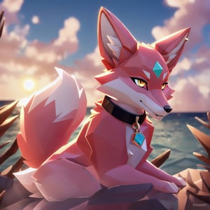 solo low polygon vixen, pink fur and countershading, pink hair, pink tail, yellow eyes, visible fox paws, have collar, navigate on a viking drakkar , visible fangs, have piercings, sea background, sea horizon, sun light, reflected light on the fur, backlighting,masterpiece, shaded, high detail, low poly res, low poly style,Spirit Fox Pendant