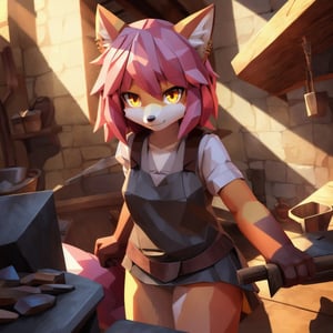 solo, young, kemono fox, yellow body and countershading, anthropomorph, pink hair, yellow eyes,small breasts, dressed with blacksmith clothes, have piercings, looking at viewer,detailed blacksmith background, shadow, forge light, reflected light on the body, backlighting,masterpiece, shaded, high detail, low poly res