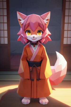 solo, young, kemono fox, yellow body and countershading, anthropomorph, pink hair, pink tail, visible fox paws, small breats, yellow eyes, have japanese yukata, visible fangs, have slave collar, have piercings, looking at the viewer, background, shadow, forge light, reflected light on the body, backlighting,masterpiece, shaded, high detail, low poly res, low poly style