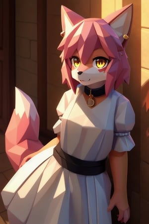 solo, young, kemono fox, yellow body and countershading, anthropomorph, pink hair, pink tail, visible fox paws, small breats, yellow eyes, wear medieval dress cloth, visible fangs, have slave collar, have piercings, looking at the viewer, background, shadow, forge light, reflected light on the body, backlighting,masterpiece, shaded, high detail, low poly res, low poly style