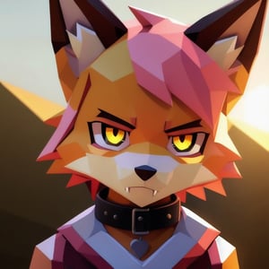 solo, young, kemono fox, yellow body and countershading, anthropomorph, pink hair, pink tail, small breats, yellow eyes, visible fox paws, wear medieval dress, have slave collar, is angry, angry expression, visible fangs, have piercings, background, shadow, sunlight, reflected light on the body, looking at the viewer, backlighting,masterpiece, shaded, high detail, low poly res, low poly style